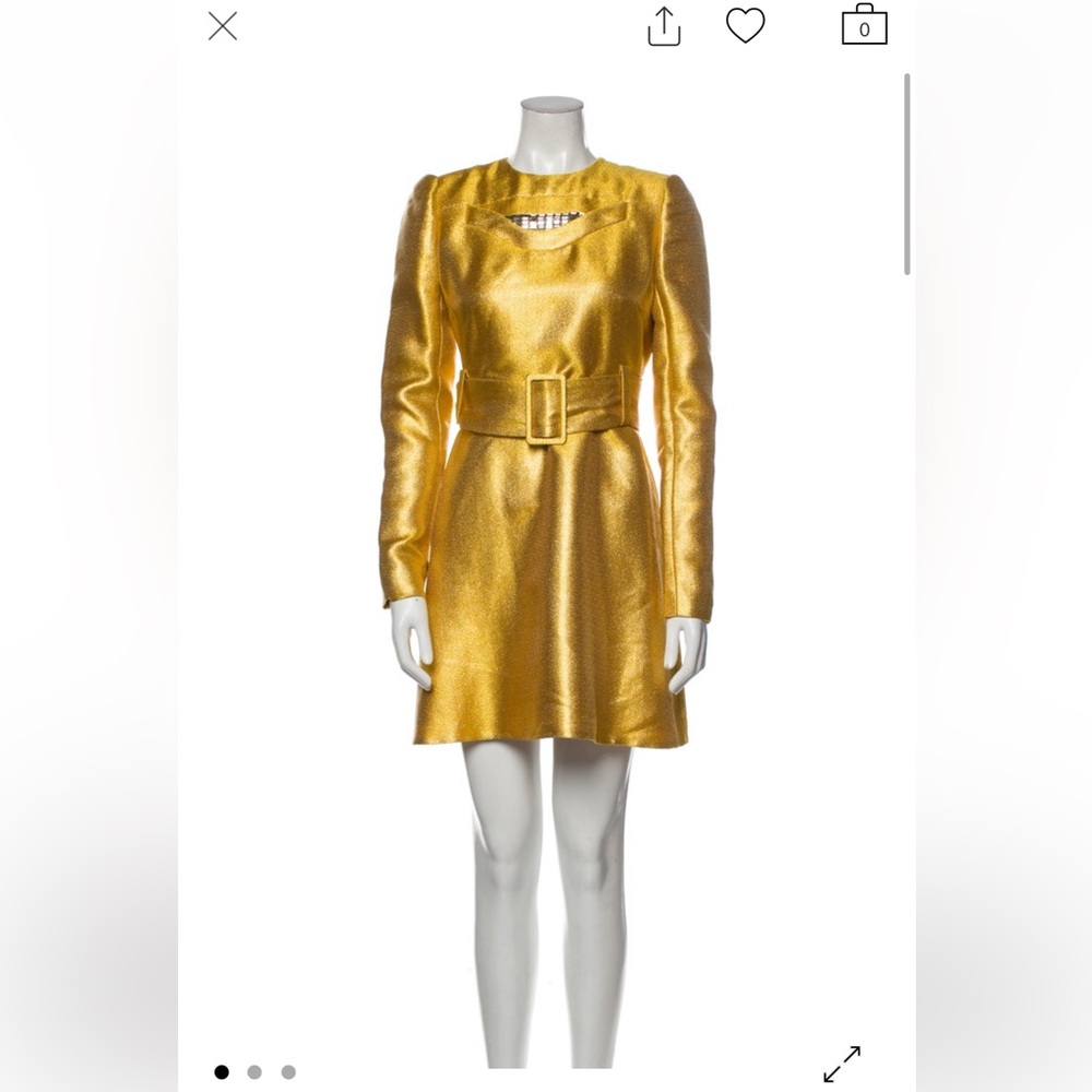 Carven Yellow Metallic Mini Belted Dress with Crystal Detail Size 38